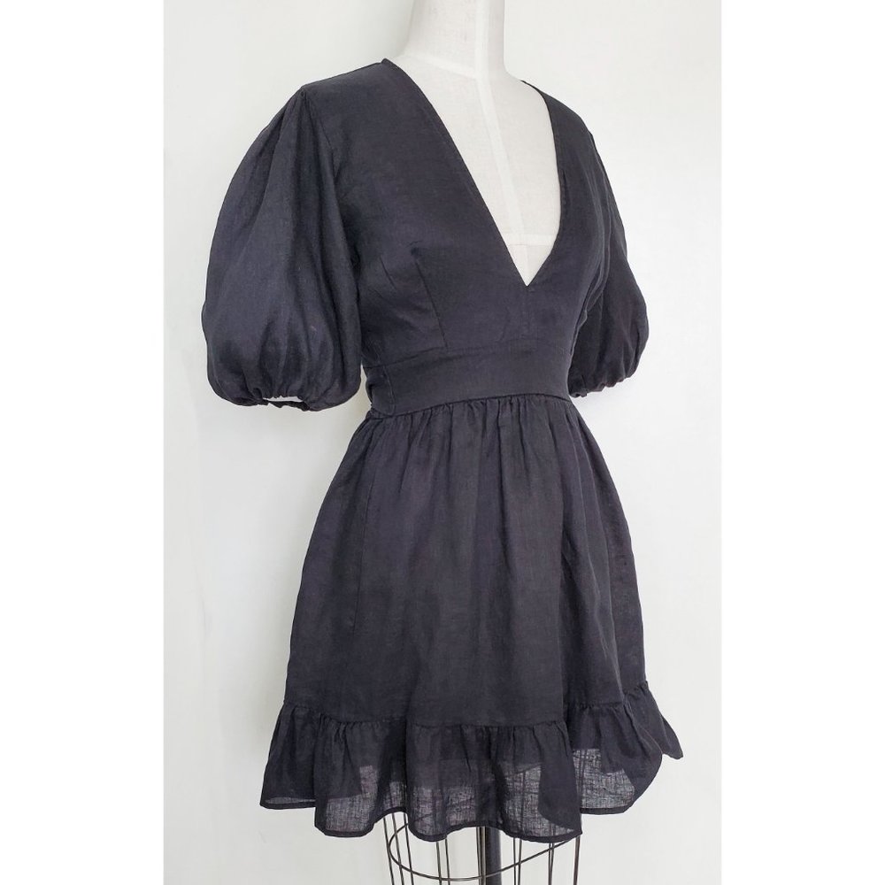 Faithfull The Brand Womens Black Linen Tie Back Dress Balloon Sleeves 6 - Picture 3 of 11